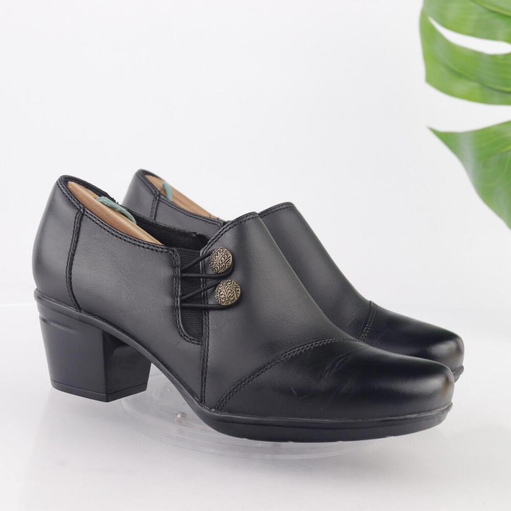 Clarks Womens Emslie Warren Boot Size 7 M Black Leather Block Heel Button Bootie